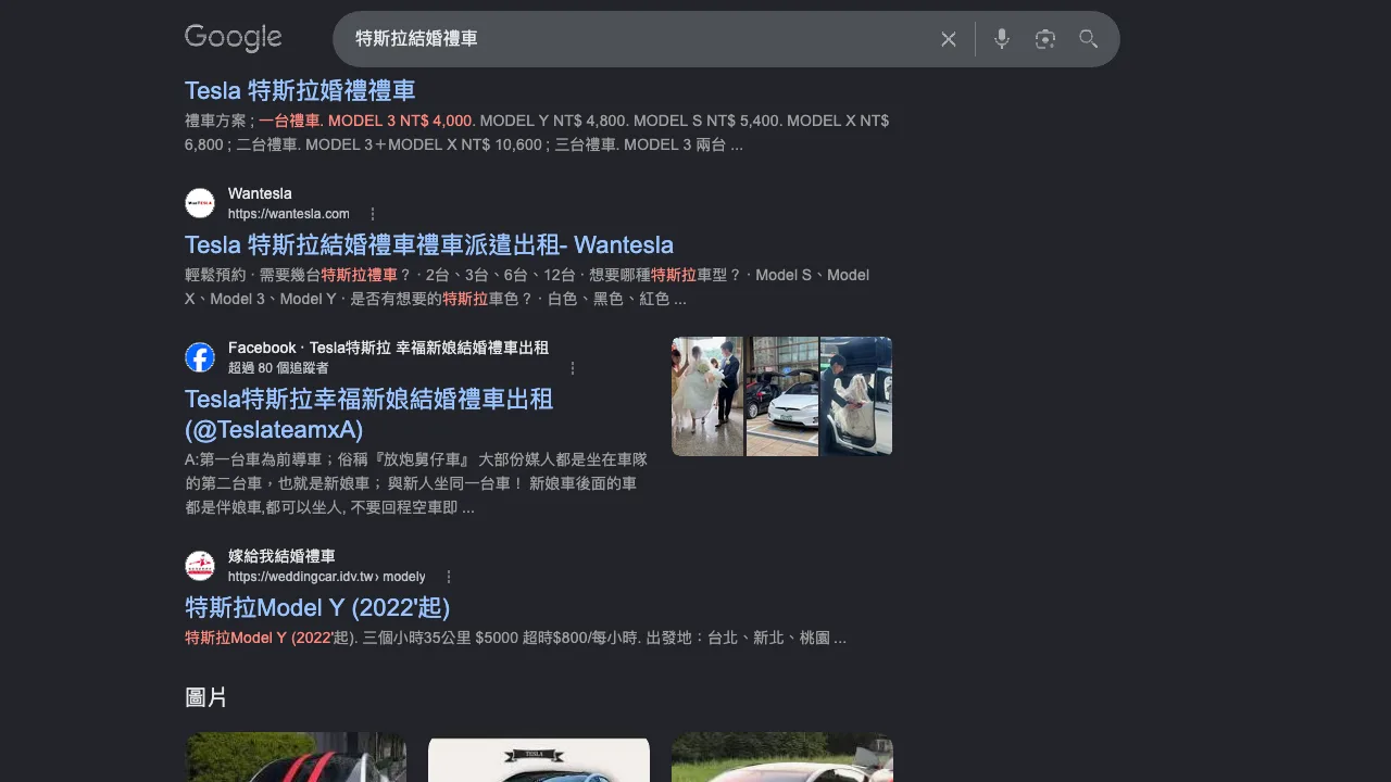 Google 搜尋「特斯拉結婚禮車」結果，Wantesla 排第 3 名