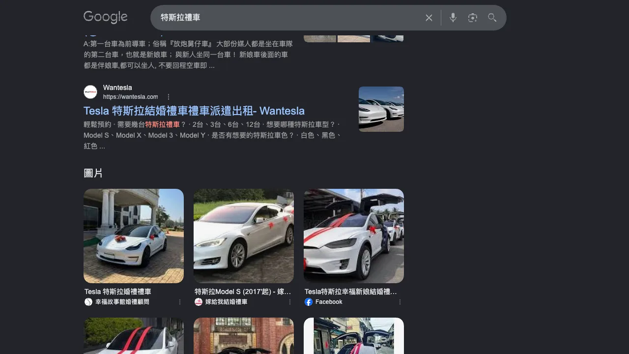 Google 搜尋「特斯拉禮車」結果，Wantesla 排第 2 名